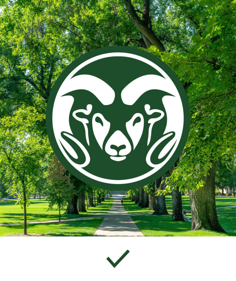 Primary CSU Ram's Head Symbol on a photo of trees with a check mark beneath