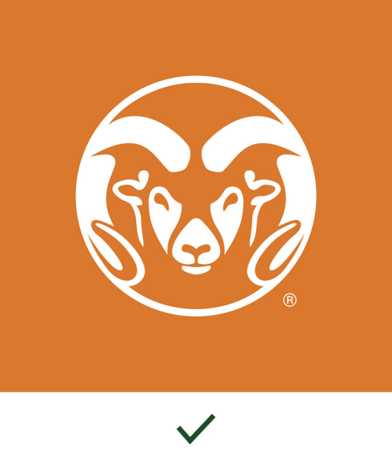 Reverse CSU Ram's Head Symbol against a contrasting background with a check mark beneath
