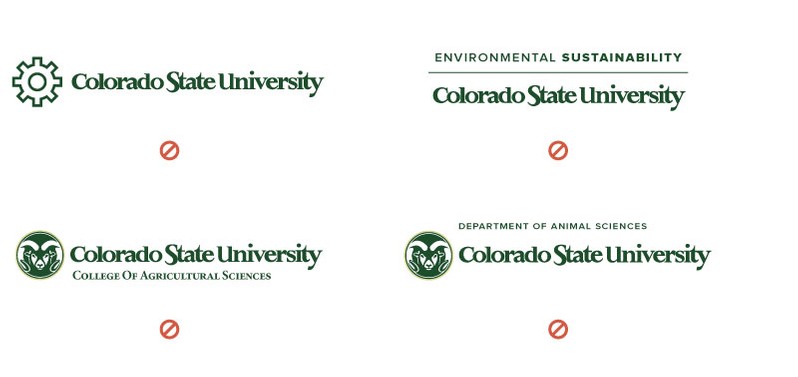 Examples of what not to do in pairing the word mark with any other logo, college, department, or program name