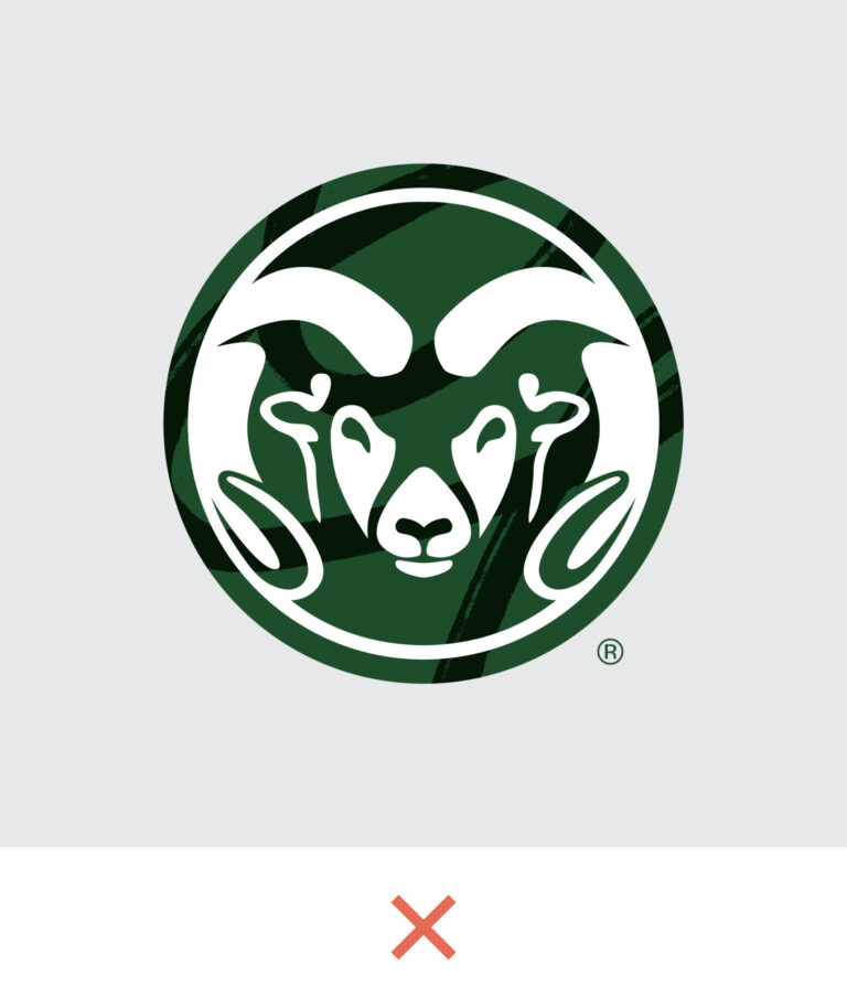 Primary CSU Ram's Head Symbol with the brand brushstroke inside the circle background with a red X beneath