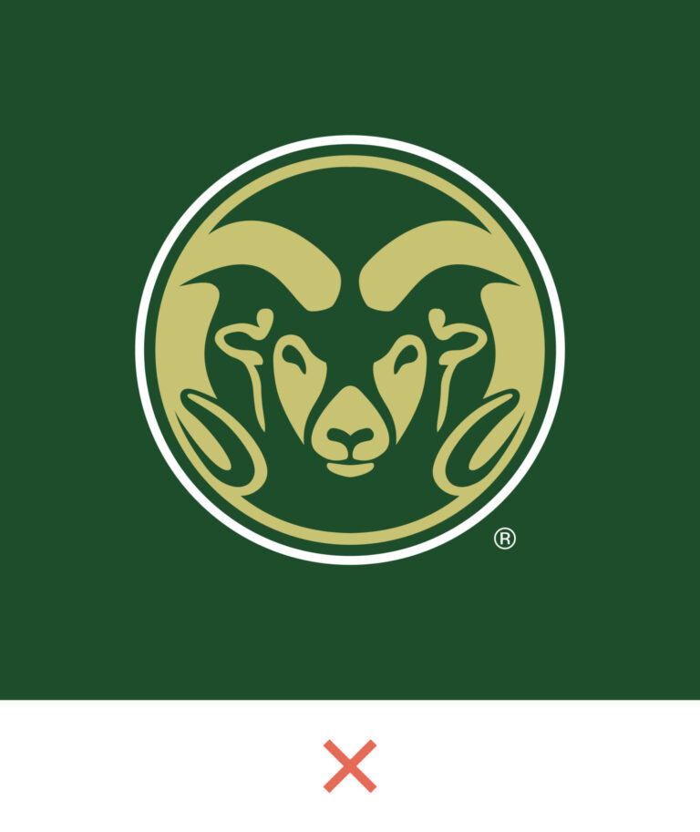 Secondary CSU Ram's Head Symbol with a gold Ram's Head and a white ring with a red X beneath